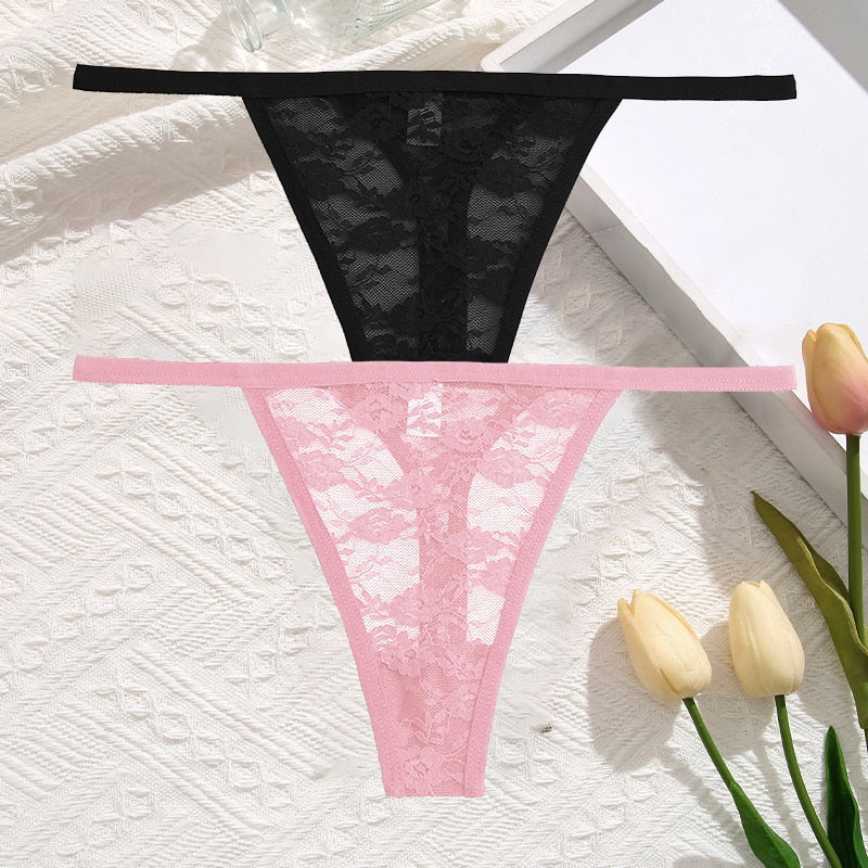 2 Pack Set Women's Lace Panties Low Waist G-String Underwear Solid Hollow Out Transparent Thong Soft Breathable Lingerie The Clothing Company Sydney