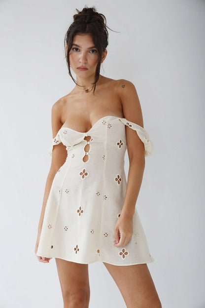 Square Neck Black White Mini Summer High Waist Short Sleeve Beachwear Bodycon Hollow Out Sundress Dress The Clothing Company Sydney