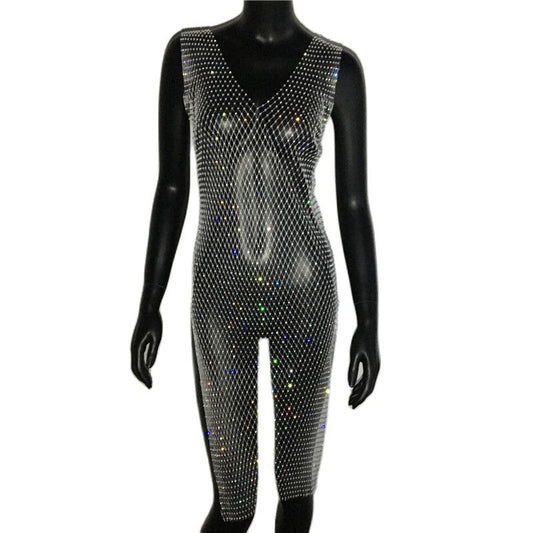 Rhinestone Mesh Party Sequins Crystal Dress Women Sexy Sleeveless Hollow Out Bodycon Outwear Nightclub Beach Dresses The Clothing Company Sydney