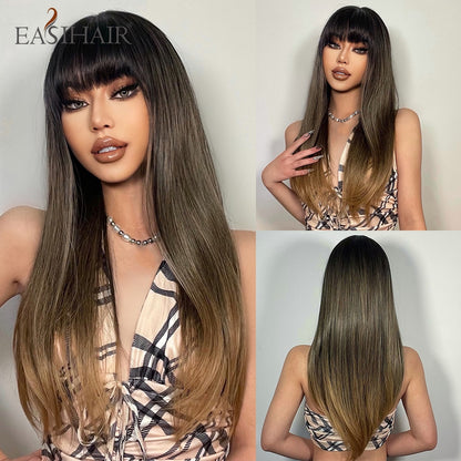 Brown Straight Synthetic Wigs with Bangs Natural Layered Hair Wigs for Women Daily Cosplay Party Heat Resistant Wigs The Clothing Company Sydney