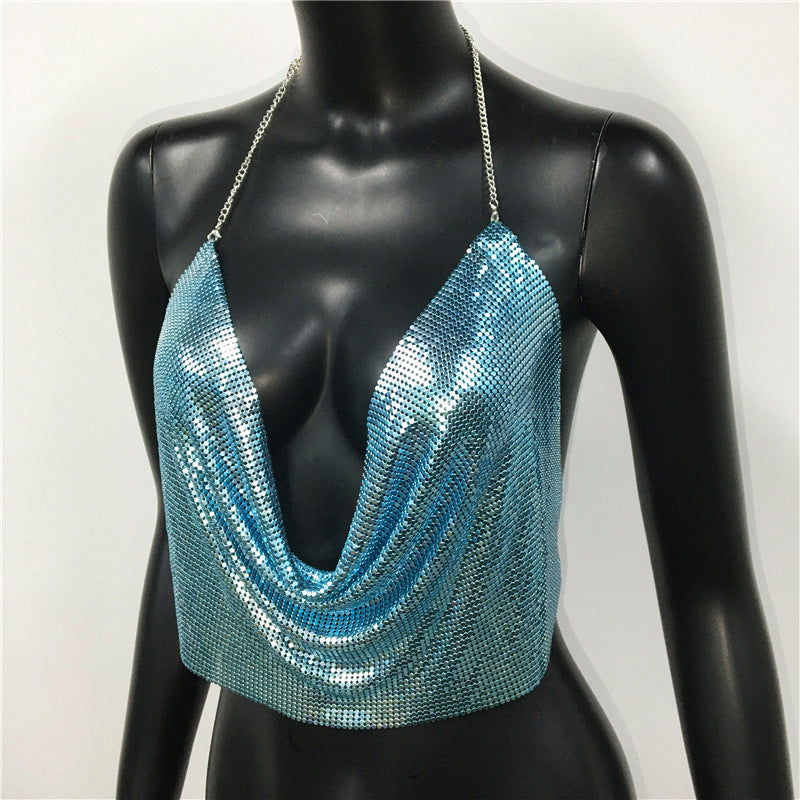 Metal Sequined Tank Camis Summer Gold Silver Backless Cropped Glitter Beach Club Show Wear Tank Tops The Clothing Company Sydney