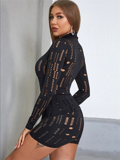 2 Piece Set Women Summer Hollow Out Sheath Long Sleeve T-Shirt+Fashion Hole Stretchy Waist Shorts Streetwear The Clothing Company Sydney