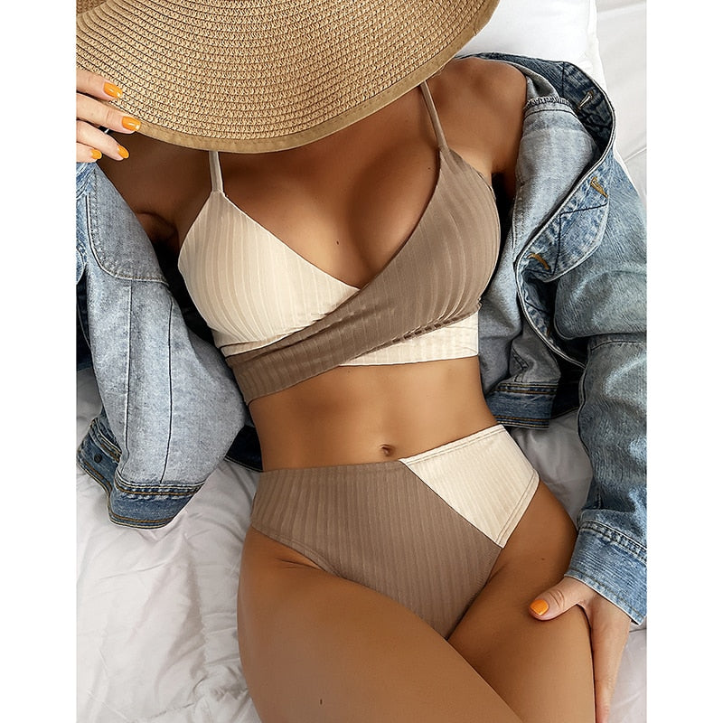 High Waist Swimsuit Ribbed Bikini Set Wrap Swimwear Colorblock Push Up Bathing Suit The Clothing Company Sydney