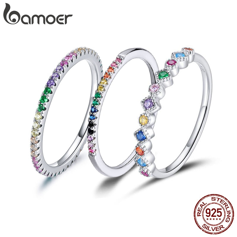 925 Sterling Silver Rainbow Color CZ Stackable Wedding Rings, Platinum Plated Elegant Finger Band Ring for Women The Clothing Company Sydney