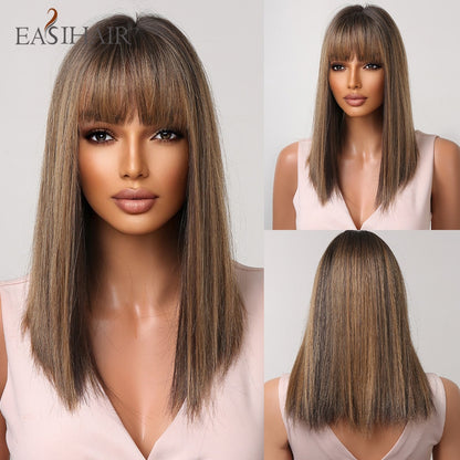 Short Straight Bob Wigs with Bang Golden Brown Natural Synthetic Hair for Women Daily Cosplay Heat Resistant Fiber Wigs The Clothing Company Sydney