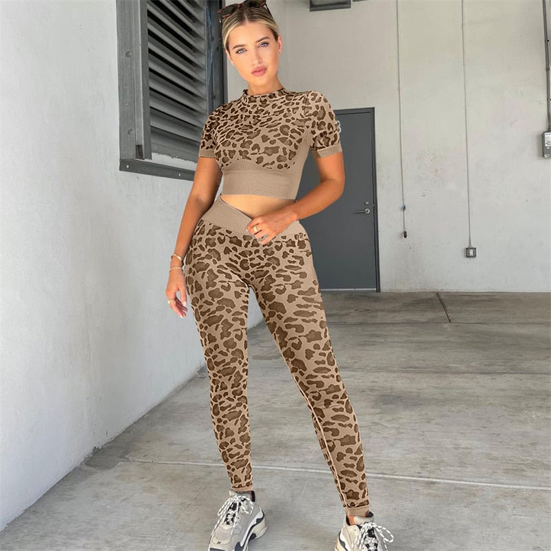 2 Piece Seamless Yoga Suit Women Fitness Suits Leopard Print Short Sleeve Crop Top Tight Hip Lift Pants Yoga Set  Women Sport Suits The Clothing Company Sydney