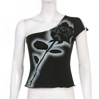 Asymmetrical Dark Academia Rose Printed Summer One Shoulder Grunge Gothic Clothes Tank Cropped Vintage Top The Clothing Company Sydney