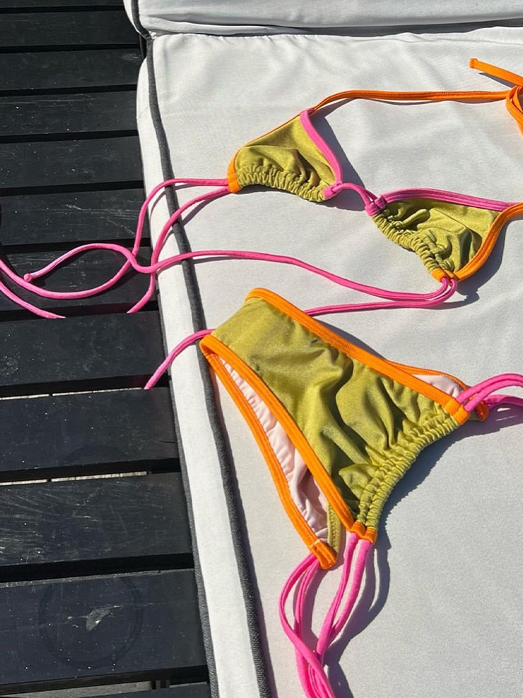String Swimsuit Triangle Cup Type Bathing Suit Swimwear High Cut Drawstring  Bandage Bikini Set