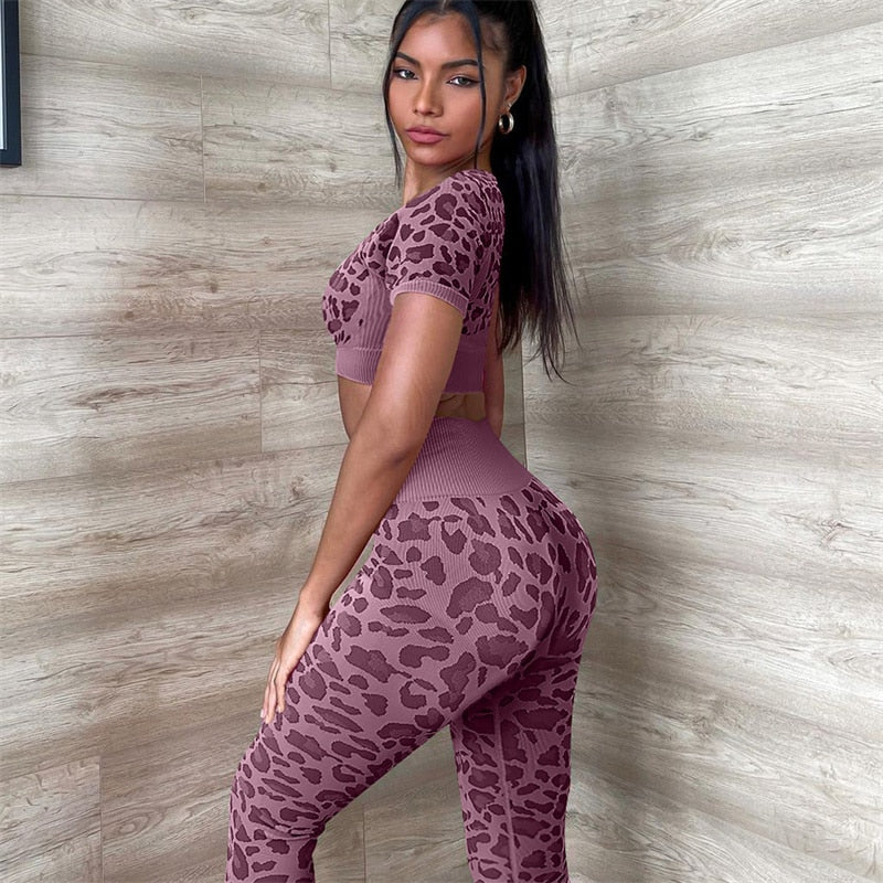 2 Piece Seamless Yoga Suit Women Fitness Suits Leopard Print Short Sleeve Crop Top Tight Hip Lift Pants Yoga Set  Women Sport Suits The Clothing Company Sydney