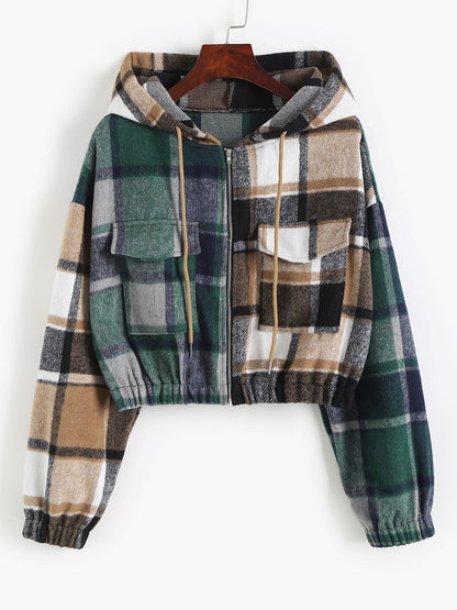 Plaid Flannel Flap Pocket Zip Hooded Jacket Women's Drop Shoulder Coat Zip Up Short Jacket Winter Outwear The Clothing Company Sydney