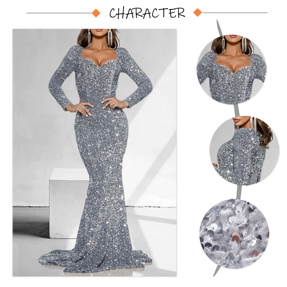 Luxury Long Sleeve Evening Gown Sequin Stretchy Velvet V Neck Mermaid Prom Floor Length Formal Cocktail Dress The Clothing Company Sydney