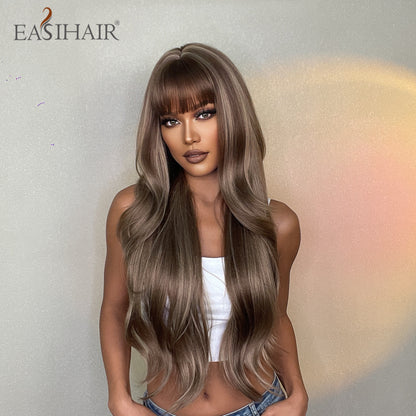 Brown Mixed Blonde Synthetic Wigs with Bang Long Natural Wavy Hair Wig for Women Daily Cosplay Use Heat Resistant Wigs The Clothing Company Sydney