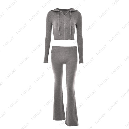 Women's Spring Outfits Casual Zipper Sweater Hoodie Set High Waist Flare Pants Suits Pink Knitted Y2k Two Piece Set The Clothing Company Sydney