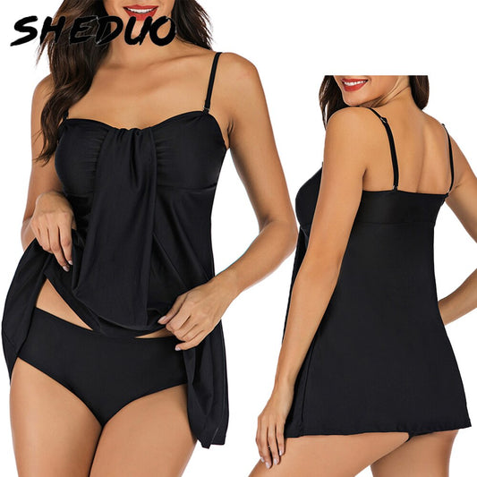 Solid Black Bathing Suit Vintage Tummy Control Tankini Set Tie Ruffle Two piece Swimsuit Push-Up Plus Size Summer The Clothing Company Sydney