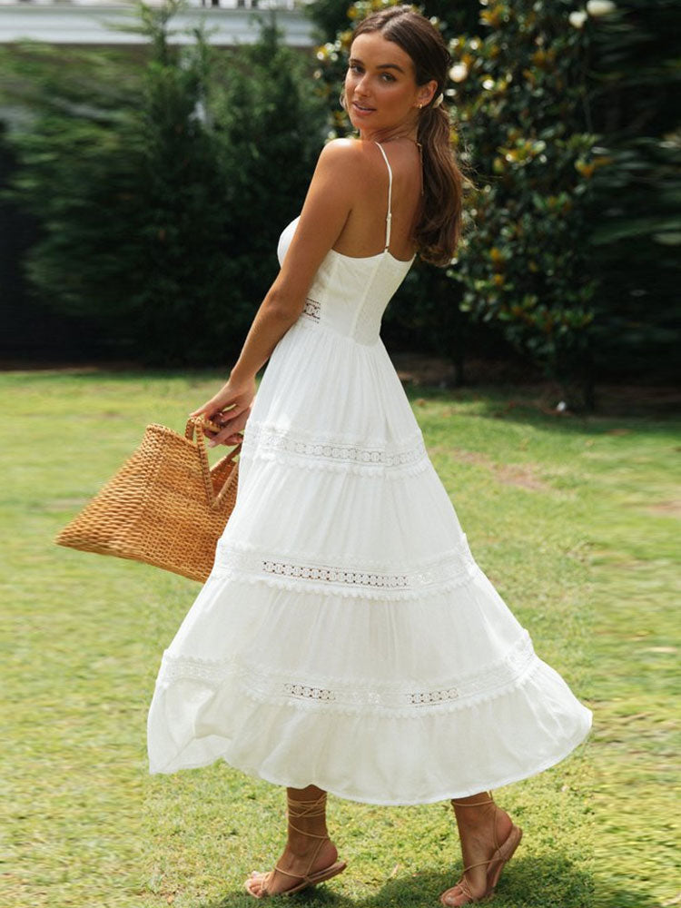 White Spaghetti Straps Dress Elegant Summer Holiday Hollow Out Long Beach Sundress Soft Smock Split Dress The Clothing Company Sydney