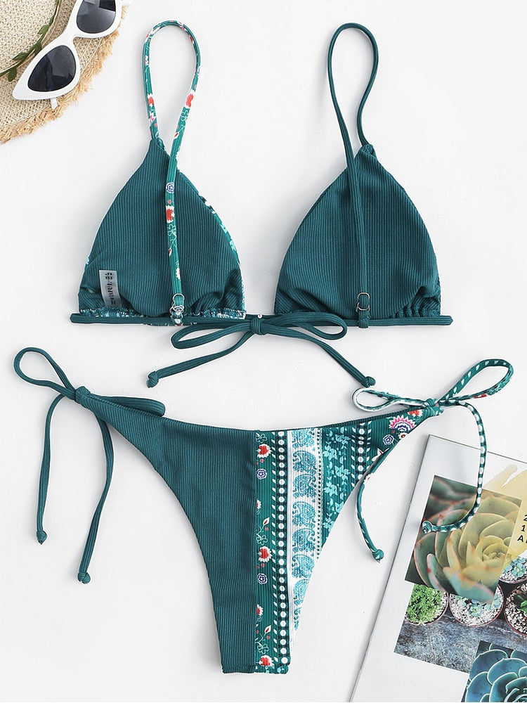 ZAFUL Ribbed Boho Paisley Print String Bikini Swimwear In MULTI-A