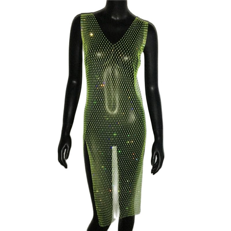 Rhinestone Mesh Party Sequins Crystal Dress Women Sexy Sleeveless Hollow Out Bodycon Outwear Nightclub Beach Dresses The Clothing Company Sydney