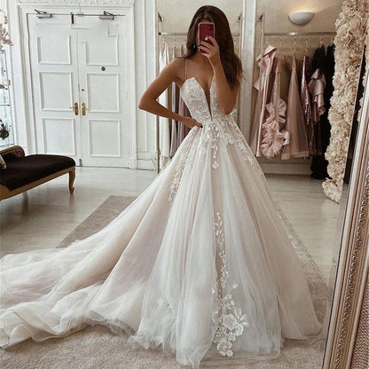 A-Line Boho V-Neck Straps Appliqued Lace Bridal Gowns Elegant Long Train Tulle Beach Princess Wedding Party Dress The Clothing Company Sydney