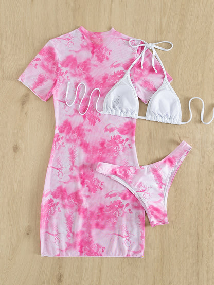 Slit Cuff Plunge Neck Three Piece Bikini Set with Cover Up Plain Swimsuit Women Swimwear Summer Beach Bathing Suit The Clothing Company Sydney