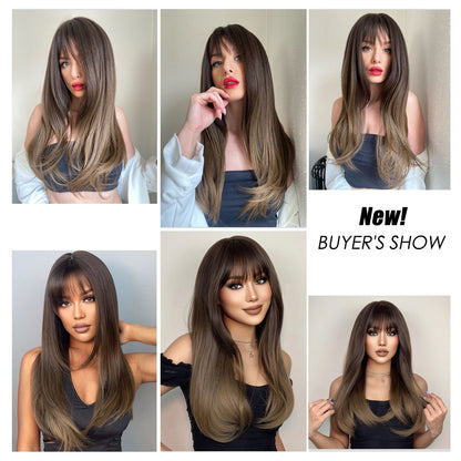 Brown Straight Synthetic Wigs with Bangs Natural Layered Hair Wigs for Women Daily Cosplay Party Heat Resistant Wigs The Clothing Company Sydney