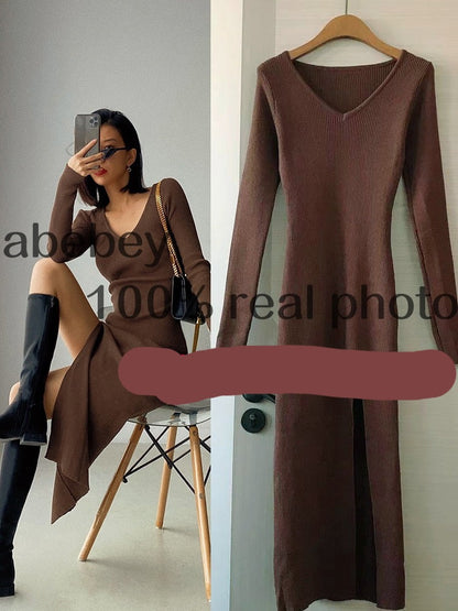 Long Sleeve slit sweater dress slim tight fitting hip knit over the knee dresses The Clothing Company Sydney