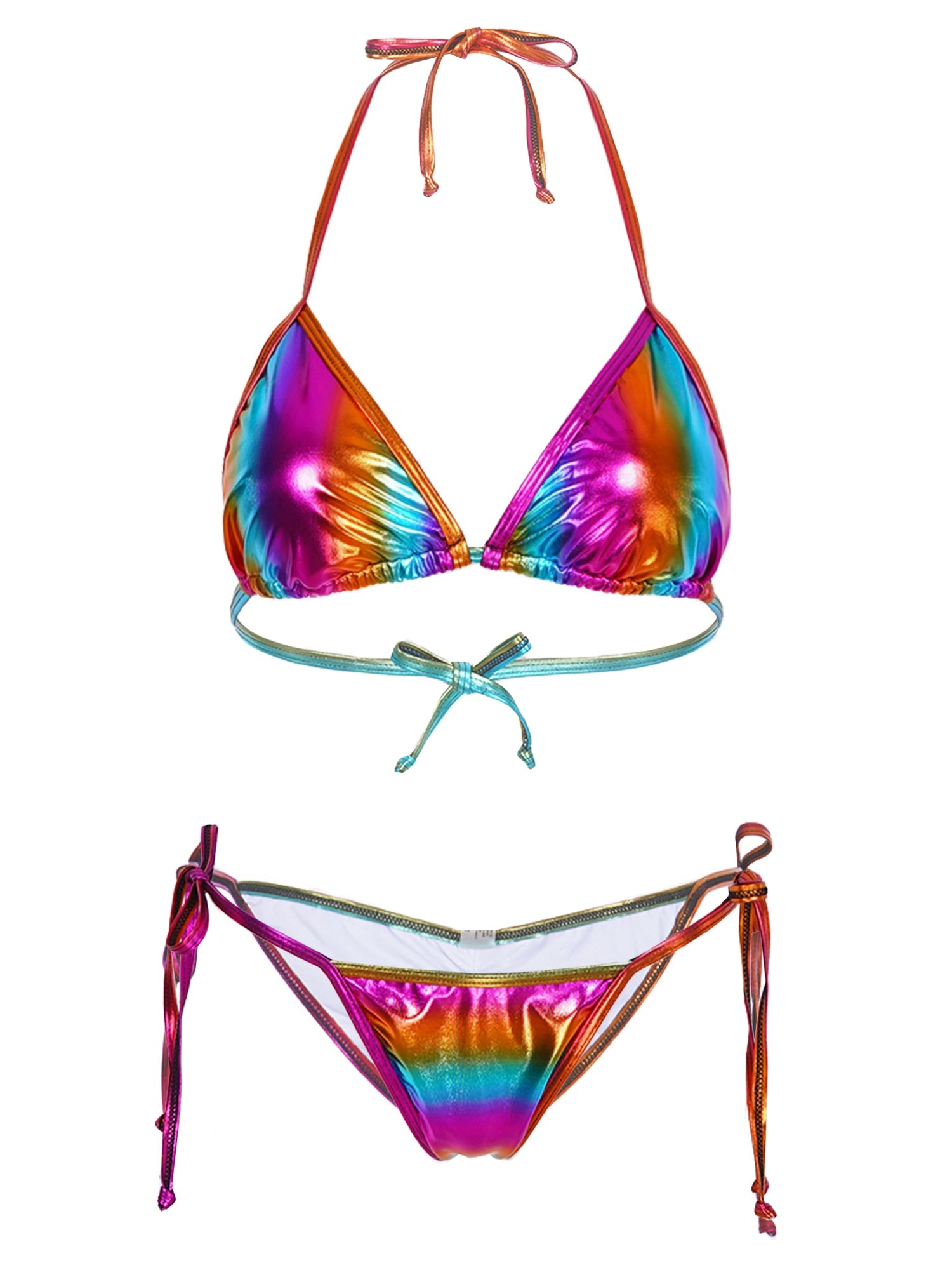 2 Piece Brazlian Swimwear Metallic Shiny Mirco Mini Bikini Swimsuit Gradient Color Lace-up Padded Bra with Thong Briefs The Clothing Company Sydney