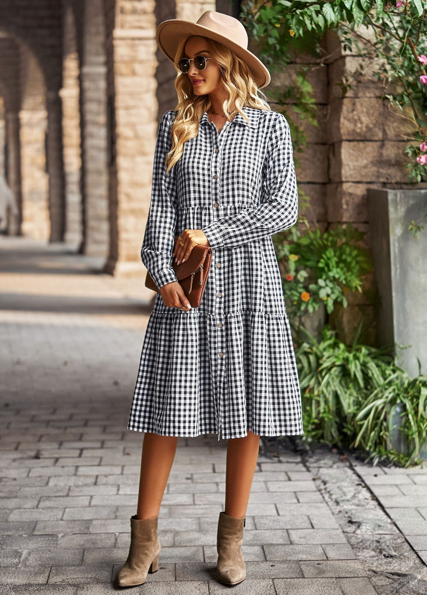 Casual Plaid Shirt Dress For Women Turn Down Long Sleeve Maxi Dress Vintage Single Breasted Patchwork Spring Autumn Dress The Clothing Company Sydney