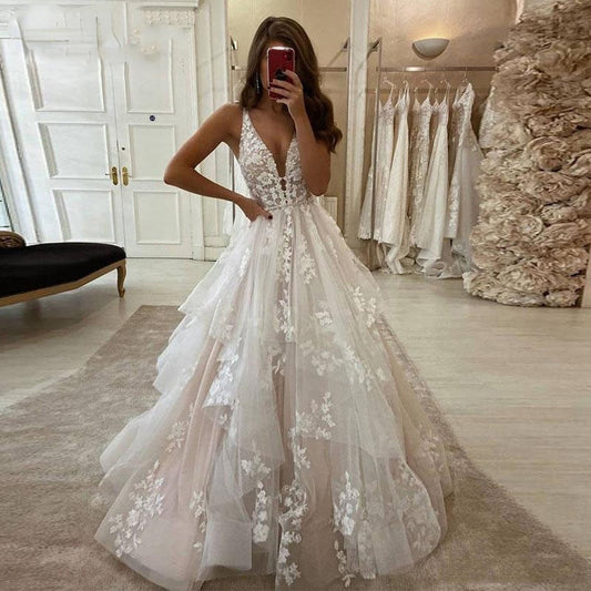 A-Line V-Neck Boho Wedding Dress Puffy Tulle Princess Bridal Dresses Plus Size Lace Appliques Backless Long Wedding Party Gowns The Clothing Company Sydney