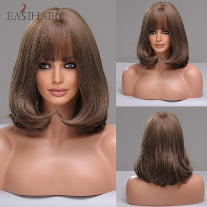 Short Straight Bob Wigs with Bang Golden Brown Natural Synthetic Hair for Women Daily Cosplay Heat Resistant Fiber Wigs The Clothing Company Sydney