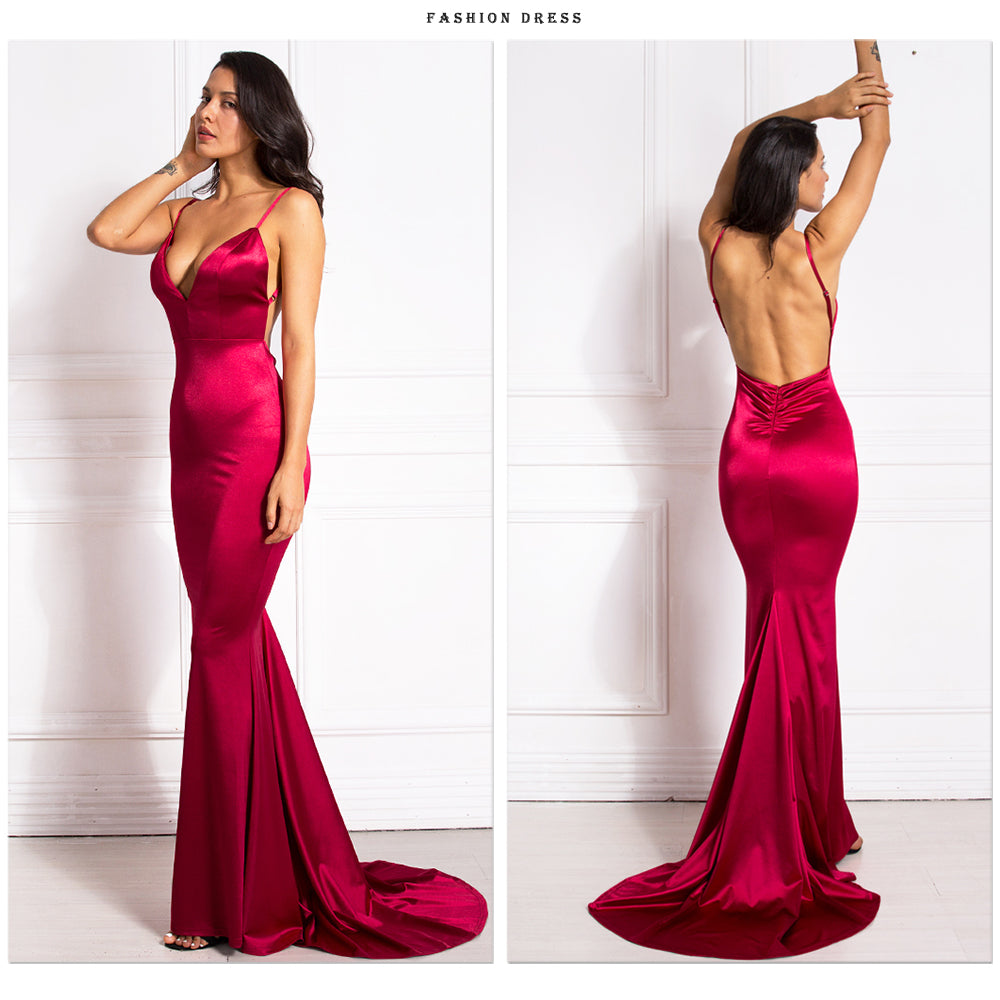 Backless Satin Evening Gown Strappy Deep V Neck Floor Length Prom Padded Stretch Formal Cocktail Wedding Party Dresses The Clothing Company Sydney