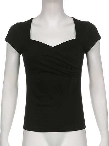 Y2K Cross Crop Top Folds Black Square Collar T Shirt Short Sleeve Square Collar Cute Chic Tee Grunge Tee Retro Top The Clothing Company Sydney