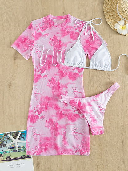 Slit Cuff Plunge Neck Three Piece Bikini Set with Cover Up Plain Swimsuit Women Swimwear Summer Beach Bathing Suit The Clothing Company Sydney