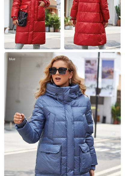 Women's down Jacket Long Classic zipper design Big Pocket Stand Collar Hooded Slim coat Women Parkas The Clothing Company Sydney