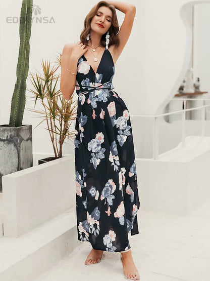 Elegant Ladies Print Spaghetti Strap Beach Holiday High Waist A-line Dress Casual Summer Split Dress The Clothing Company Sydney