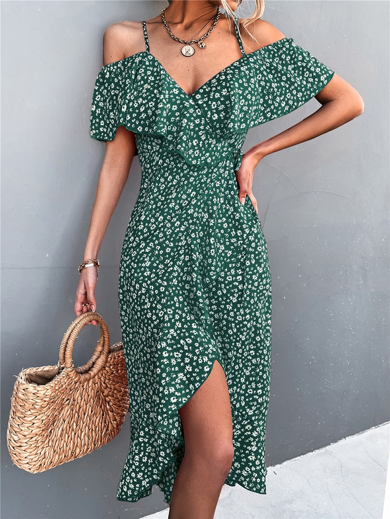 Summer Straps Midi Dress Beach Casual Party Off Shoulder Slim Ruffles Floral Print Dresses The Clothing Company Sydney