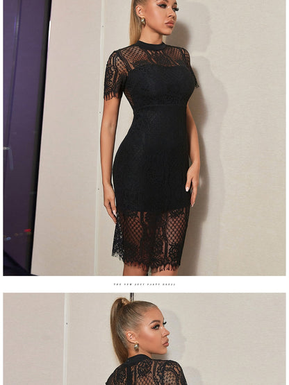 Fashion Summer Black Lace Dress Outfits Women Short Sleeve See Through Celebrity Evening Night Club Partywear Dresses The Clothing Company Sydney