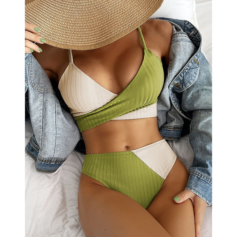 High Waist Swimsuit Ribbed Bikini Set Wrap Swimwear Colorblock Push Up Bathing Suit The Clothing Company Sydney