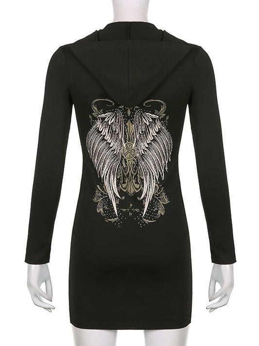 Gothic Grunge Fairycore Wings Printed Graphic Zipper Hooded Bodycon Dark Academia Autumn Mini Dresses Y2K Dress The Clothing Company Sydney