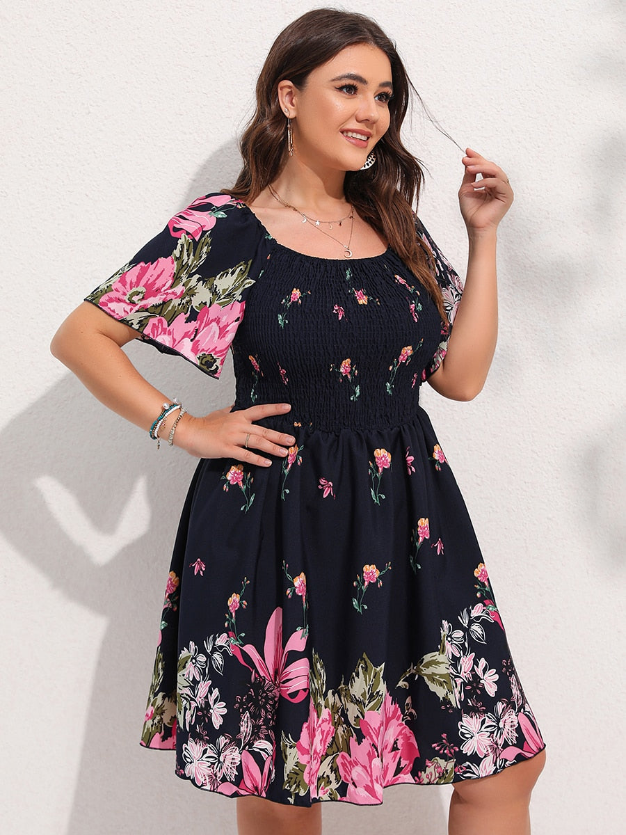 Allover Floral Print Shirred Midi Dress Plus Size Lantern Sleeve High Waist Dresses Summer Dress The Clothing Company Sydney