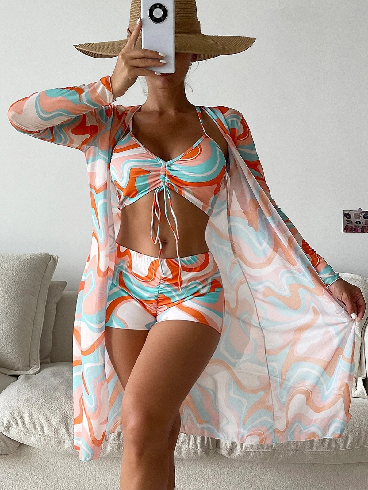 3 Piece Bikini Women Swimsuits Print Bandage High Waist Swimwear Bikini Set Bathing Suit Beachwear with Cover up The Clothing Company Sydney