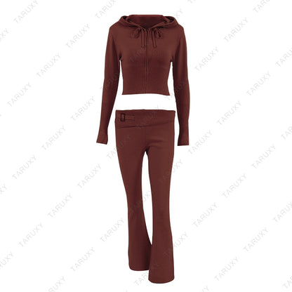 Women's Spring Outfits Casual Zipper Sweater Hoodie Set High Waist Flare Pants Suits Pink Knitted Y2k Two Piece Set The Clothing Company Sydney