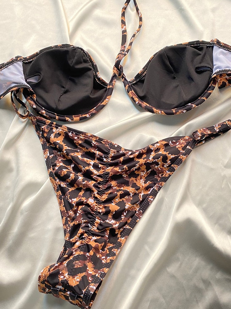 2 Piece Leopard Swimwear Bikinis Patchwork Swimsuit Bathing Suit Print Bikini Sets Solid Beachwear The Clothing Company Sydney