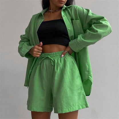 2 Piece Long Sleeve Shirt With Mini Shorts Cotton Stretch Waist Two Pieces Ladies Outfits Blouses Fashion Set The Clothing Company Sydney