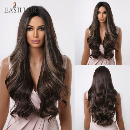 Brown Mixed Blonde Synthetic Wigs with Bang Long Natural Wavy Hair Wig for Women Daily Cosplay Use Heat Resistant Wigs The Clothing Company Sydney