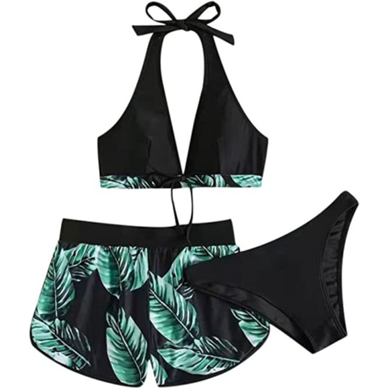 2 Piece Swimsuit Bikini Top Split High Waist  Lace Print Solid Color Halter Deep V-neck Backless Push Up Bikini Set The Clothing Company Sydney