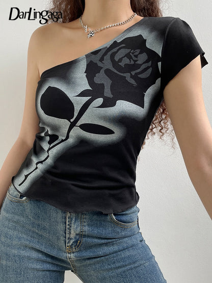 Asymmetrical Dark Academia Rose Printed Summer One Shoulder Grunge Gothic Clothes Tank Cropped Vintage Top The Clothing Company Sydney