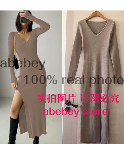 Long Sleeve slit sweater dress slim tight fitting hip knit over the knee dresses The Clothing Company Sydney