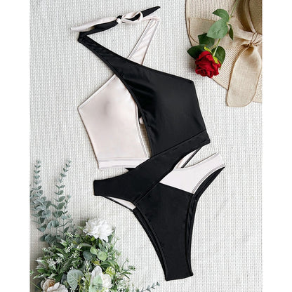 Cut Out Swimsuit One Piece Colorblock Swimwear Wrap Halter Monokini High Cut Bathing Suit Bodysuit Beachwear The Clothing Company Sydney