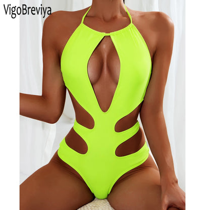 Solid Tied Halter Swimwear Women High Waist Push Up Hollow One Piece Swimsuit Monokini Summer Bathing Suit The Clothing Company Sydney