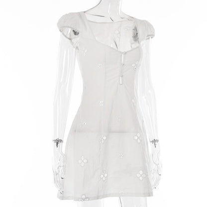 Square Neck Black White Mini Summer High Waist Short Sleeve Beachwear Bodycon Hollow Out Sundress Dress The Clothing Company Sydney